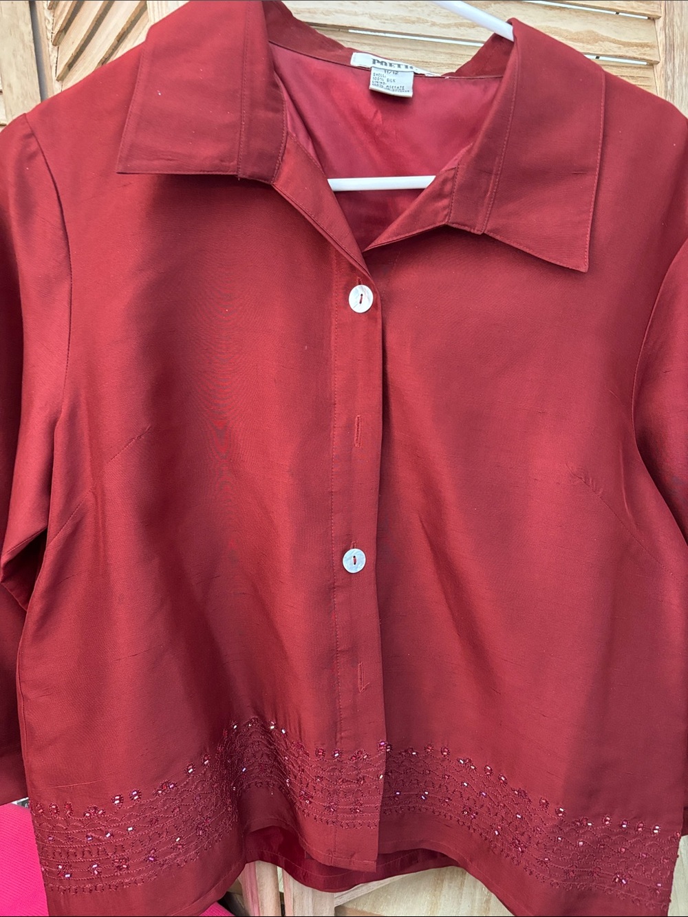 Poetic Bugundy Silk Embellished Collared Button-Front Top 11/12